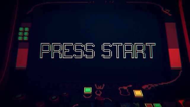 Retro arcade interface with glowing PRESS START typography inside a dark game cabinet. Game promotion, arcade entertainment advertising, and gaming event opener.