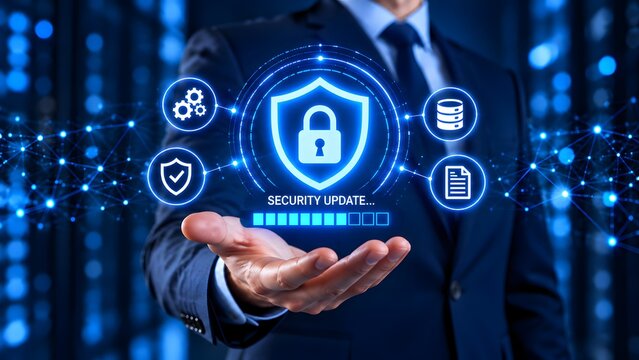 Cybersecurity professional initiating system security update via holographic digital interface featuring padlock shield database protection and encrypted document management