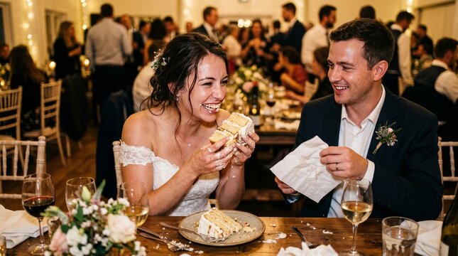 A happy bride and groom laugh while eating a slice of wedding cake together.