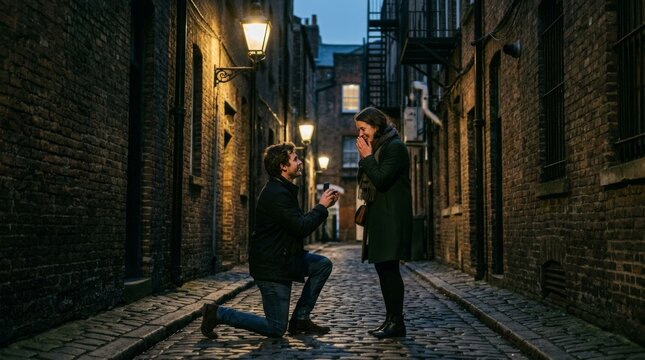 A man kneels on one knee to propose marriage to his happy girlfriend outdoors.