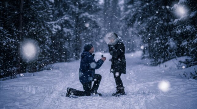 A man kneels in the snow to propose marriage to his girlfriend outside.