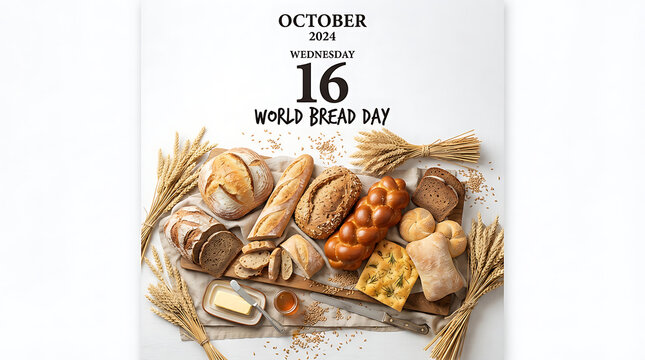 Overhead flat lay of breads &mdash; round loaf, baguettes, braided challah, rolls, flatbreads &mdash; with wheat stalks framing the arrangement and a butter dish and knife, labeled "OCTOBER / 16 / WORLD BREAD DAY
