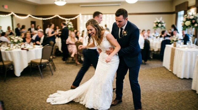 The happy bride and groom dance together during their wedding reception in a hall.