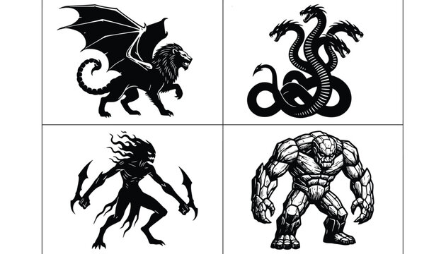 Detailed drawings of legendary mythical creatures including a chimera and hydra