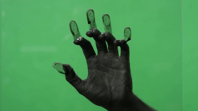 Bloody handprint slapping glass with dripping blood 4k green screen for halloween.