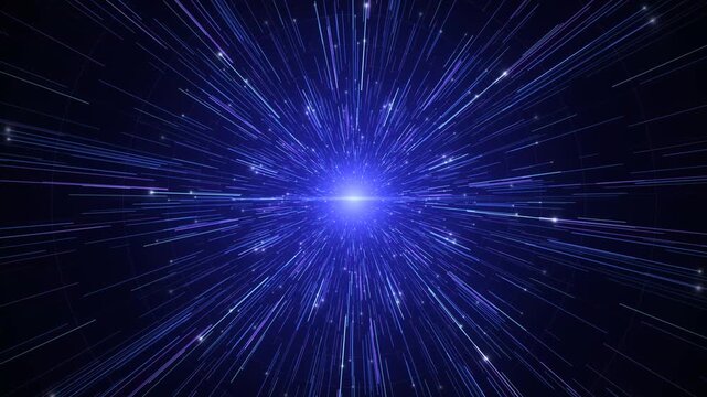 Abstract blue light streaks and particles exploding outwards from a bright central core in a dark space