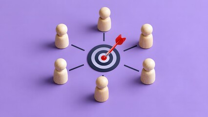Fototapeta premium A conceptual studio shot of wooden figures arranged in a network around a central dartboard target, symbolizing professional goal alignment and strategic teamwork.