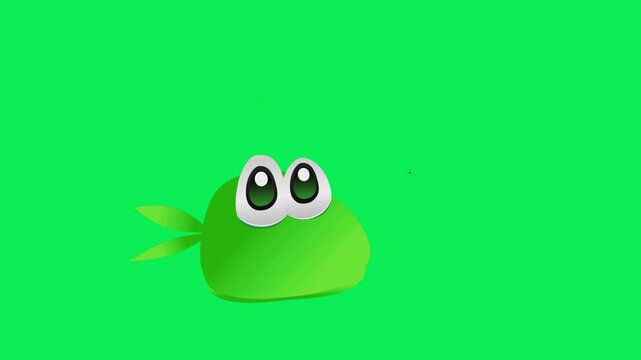 Cartoon frog sits in place on green screen, showing a green body with large eyes; useful for education, storytelling, presentations, footage, marketing, backgrounds, advertising, and compositing.