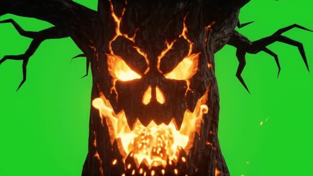 Haunted evil monster tree silhouette 4k green screen for halloween.