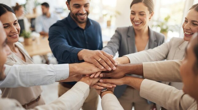 A diverse group of business professionals stacking their hands together in a circle, symbolizing teamwork, unity, collaboration, and corporate success international day for tolerance