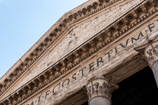 Pediment And Inscription Of The Pantheon In Rome, Italy