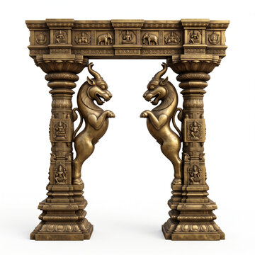 Ornate Indian temple gateway with sculpted figures, carved pillars and richly decorated stone lintel