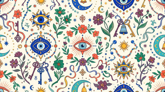Seamless pattern with mystical evil eye symbols and floral elements