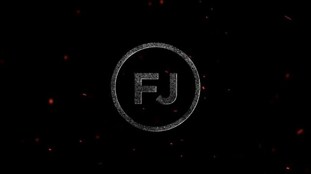Abstract letter initials FJ logo design with glowing particles and circular frame