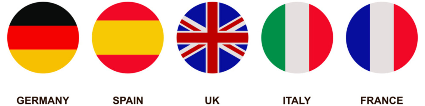European country flag icon set featuring Germany, Spain, United Kingdom, Italy, and France, circular national flags with country labels, vector illustration isolated on white background