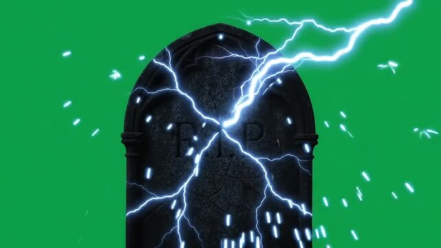 Rip headstone with lightning 4k green screen for halloween.