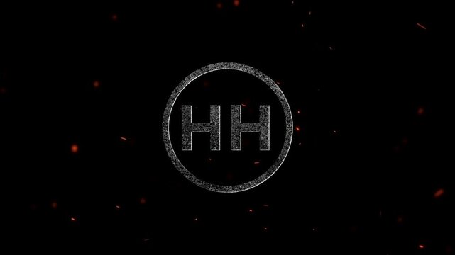 Glowing emblem with double letter H characters inside a circular frame surrounded by floating embers