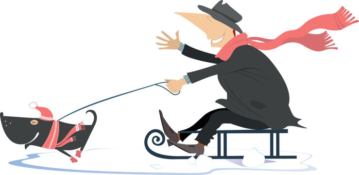 Happy man rides on sledge being dragged by a dog