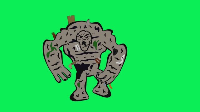 Cartoon golem walks forward on green screen, showing a rocky body with large hands; useful for marketing, broadcast, tutorials, lessons, backgrounds, advertising, storytelling, and presentations.