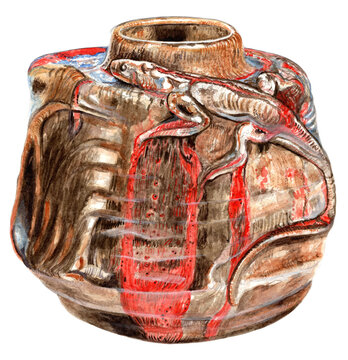 Antique French Art Nouveau stoneware vase with lizard relief (circa 1904-1906). Organic glazed pottery vase depicting salamander, early 20th century French ceramic art. Artwork.
