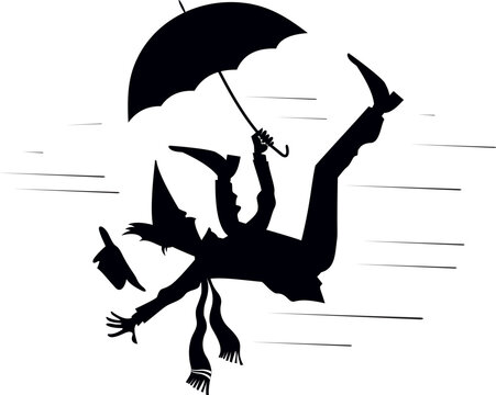 Man with umbrella being falled by the strong wind. Black and white