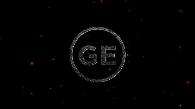 Glowing metallic letters G and E inside a circular frame with floating embers