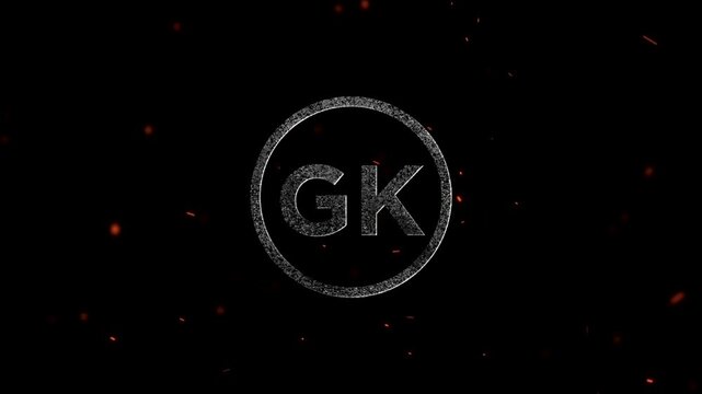 Glowing metallic initials letters GK inside a circular frame with floating embers