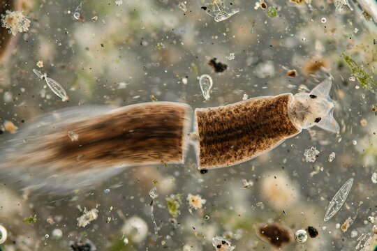 Microscopic view of a planarian flatworm Dugesia species cut in half to demonstrate asexual reproduction and regeneration in a freshwater sample under a microscope