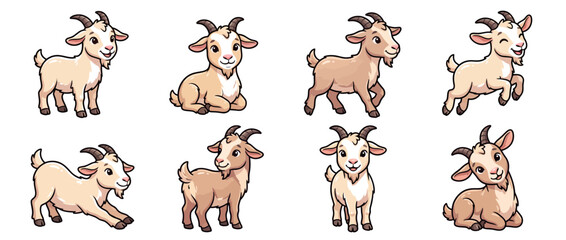 Fototapeta premium Collection of eight adorable goat character illustrations featuring varied playful poses including sitting standing walking jumping and resting