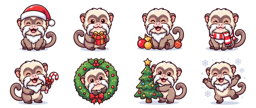 Set of eight adorable emperor tamarin monkey Christmas character designs featuring festive poses with ornaments gifts and holiday spirit in a 4x2 grid