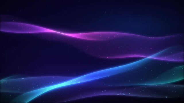 Abstract flowing waves of purple and blue light with sparkling particles on a dark background