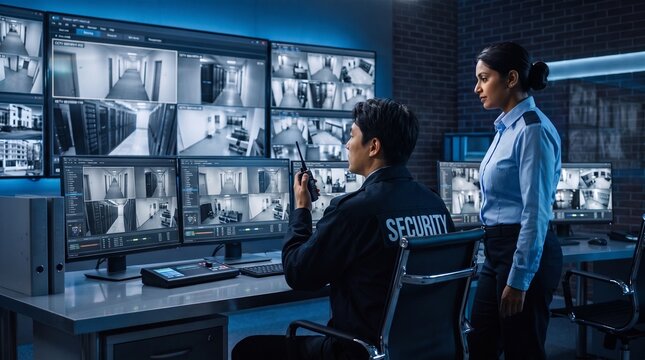 Multiracial security team monitoring data center via CCTV. Asian male guard and Indian female officer working in high-tech surveillance control room.