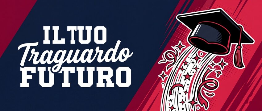 Graduation cap banner Italian text Il tuo traguardo futuro with mortarboard and stars in retro comic book art style, dark blue and red background for university academic graduation celebrations design