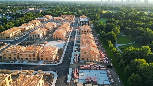 Aerial view of a new residential construction site showcasing housing frameworks with a green space and city backdrop