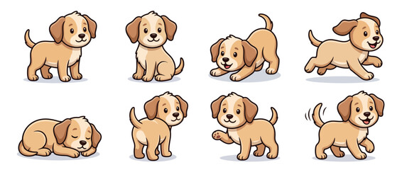 Obraz premium A delightful collection of eight charming light brown puppy character illustrations showcasing various playful poses arranged in a balanced grid