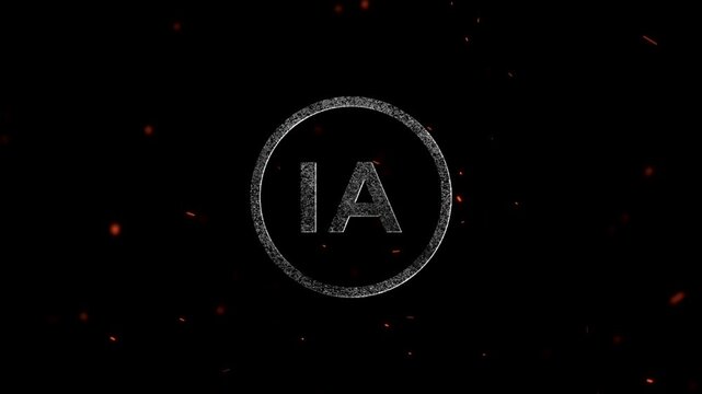 Glowing particle letter IA monogram inside a circular frame with floating sparks