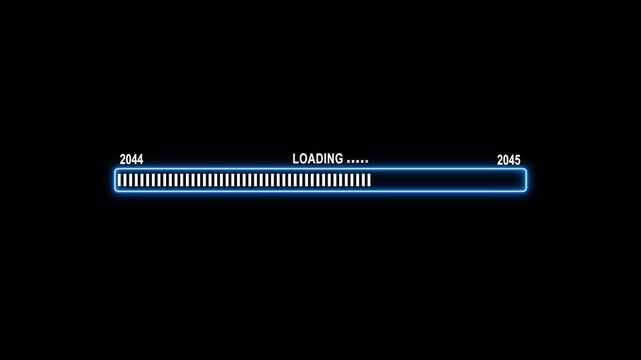 Futuristic neon blue loading bar animation with year transition from 2044 to 2045 on black background