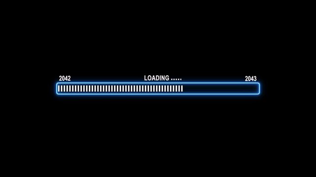 Futuristic neon blue loading bar animation from 2042 to 2043 progress indicator on black background, progress bar