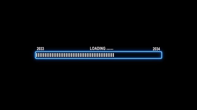 Futuristic neon blue progress bar loading from year 2033 to 2034 with black background, animation loading bar