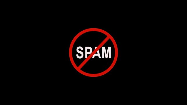 No spam red prohibited sign animation on black background, for cybersecurity and, digital protection projects