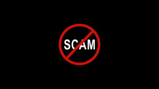 Stop scam warning sign animation on black background, anti fraud protection and cybersecurity concept