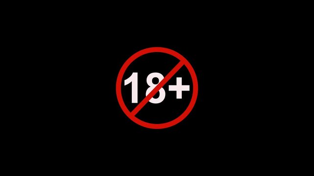 Animated 18+ age restriction sign icon on black background, warning symbol eighteen plus restricted access