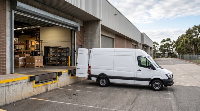 Delivery van parked at a loading dock next to a warehouse entrance