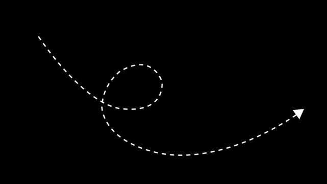 Animated dashed arrow a loop on black background, glowing white pointer motion
