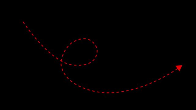 Animated red dotted arrow curving and looping on transparent background, for and presentation, red arrow