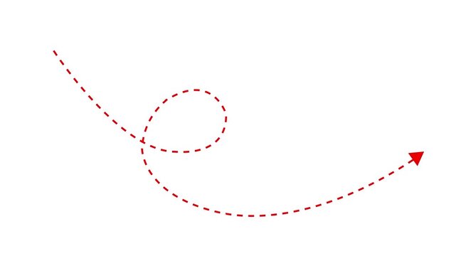 Red dashed arrow loop animation on white background, motion pointer guide symbol red arrow dashed line