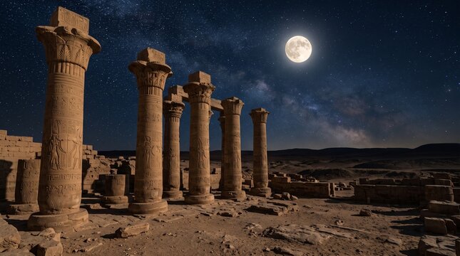 Ancient stone columns under a bright moonlit sky with stars