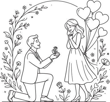 Man Proposing Marriage to Woman with Heart Balloons Line Art Vector Illustration