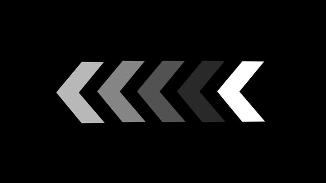 Animated directional arrows pointing left on black background, loopable ui indicator and motion