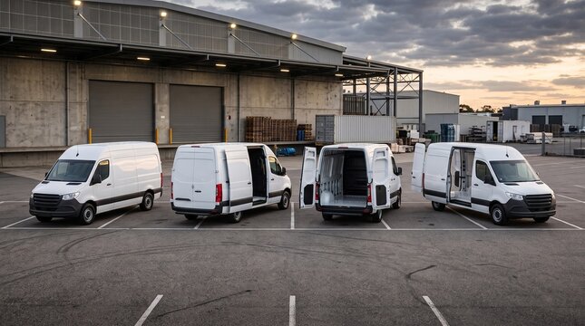 Four delivery vans parked in a loading area with open and closed doors